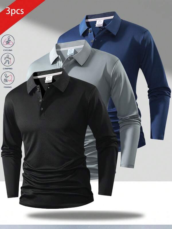 3 件男士透气长袖 Polo 衫，适合跑步、健身、高尔夫、休闲运动、春秋季
