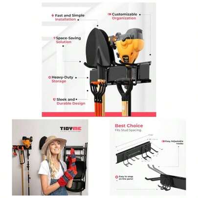 Garage Wall Organizer 48 Heavy - Duty Storage Rack Adjustable Double - Layer Hooks 300 Lbs Capacity Carbon Steel Wall Mount Holder Shovels, Rakes, Ladders Power Tools