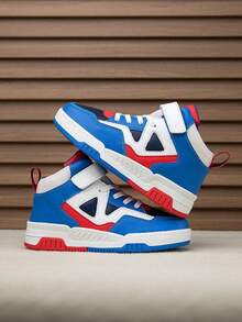 1 par de zapatillas deportivas de caña alta para niños, de piel sintética (PU), para uso interior/exterior, calzado casual y de running, de fácil calzado, antideslizante, transpirable, cómodo, diseño de colores patchwork, calzado deportivo unisex de moda