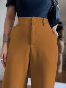 MODA MO, REF: 4714 | Women's Wide-Leg Trousers, High Waist, Functional Side Pockets, Romantic Fabric With Lycra Cotton Polyester Elastane, Stylish Bell Bottom, Monsca Zipper, Hip-Lifting Design, Super Comfortable Fit, Elegant And Versatile Dress Piece For Everyday Wear. - 棕色 - 查看 4