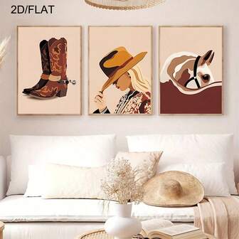 1/3 piezas Botas - Vaquera del Oeste - Cuadros de arte de pared de pintura al óleo de caballos, pósteres de lienzo bohemios, adecuados para la decoración de paredes de estilo nórdico en el hogar y la oficina, decoración de dormitorio, sala de estar, baño, cocina y pasillo, cuadros colgantes, decoración de otoño (sin marco)