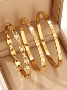 3 قطع / 1 قطعة سوار مطلي بالذهب الأصفر عيار 18 قيراط من الفولاذ المقاوم للصدأ على شكل رباعي ورقة البرسيم، مناسب للحفلات والاستخدام اليومي للنساء، بأسلوب أوروبي وأمريكي، شخصي، سخي، سوار فاخر مرصع بالزركونيا المكعبة، طقم مجوهرات زفاف، هدية للبنات والنساء والأقارب والأصدقاء، للزفاف والعيد والعيد الحب