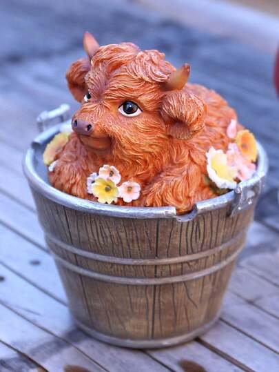 1pc Cute Highland Cow In Bucket Home Decor Ashtray, Resin Animal Ashtray For Indoor Outdoor Use, Unique Gift For Smokers