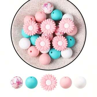 25颗雏菊硅胶珠套装 - 5种独特款式，草莓印花设计，圆形珠子，适用于DIY钥匙扣、笔装饰、手工工艺品配件，时尚混搭 - 材质：硅胶