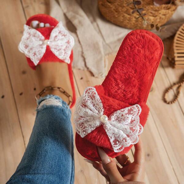 2 Stücke rote, bequeme, weiche Boden offene Zehe, süße Spitze, Kunstperlen, modische Hausschuhe für Innen/Außen, Weihnachtsoutfits, flauschige Hausschuhe, Neujahrskostüme