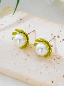 1 Pair Summer Green Creative Faux Pearl Floral Stud Earrings, Versatile Earrings Suitable For Women's Daily Wear, Parties, Outings - Green - View 7