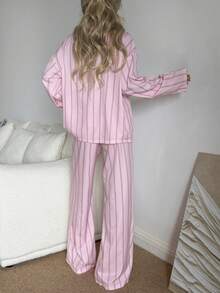 Nina Bonheur 两件套女士宽松舒适透气条纹长袖上衣和裤子睡衣套装，适合居家休闲、秋冬季穿着。 - 粉色 - 查看 3
