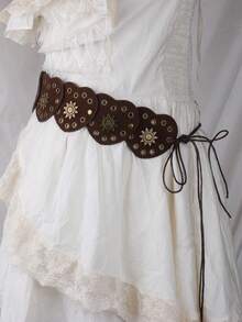 1 件女式复古棕色西式金属心形拼接腰带，Y2K Baddie 复古美学皮革腰带配蝴蝶链情人节情人节夏季、学校秋季、秋季、万圣节