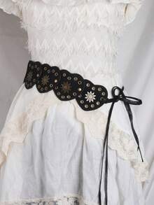 1 件女士复古西部金属拼布心形腰带，Y2K 复古独立美学皮革腰带，带蝴蝶链装饰 - 黑色 - 查看 33