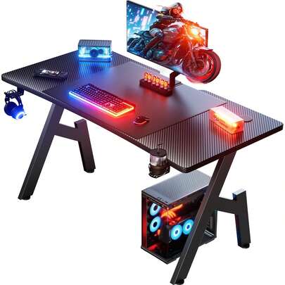 DLONGONE Gaming Desk 120 X 60cm, Computer Gaming Desk, Gaming PC Desk For Home Office, A Shaped Gaming Table With Cup Holder And Headphone Hook, Simple Assembly, Black