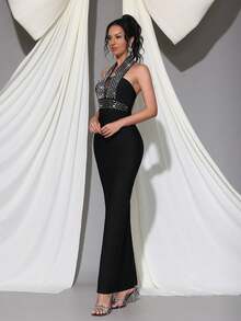 新款性感露背无袖奢华金属亮片紧身连衣裙，优雅伴娘礼服，适合婚礼、节日派对、正式晚宴等场合 - 黑色 - 查看 5