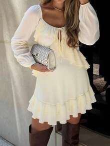 IGKEEL Solid Color Bohemian Style Chiffon Twist Ruffle Hem Long Sleeve Dress, Autumn/Winter - Apricot - View 6