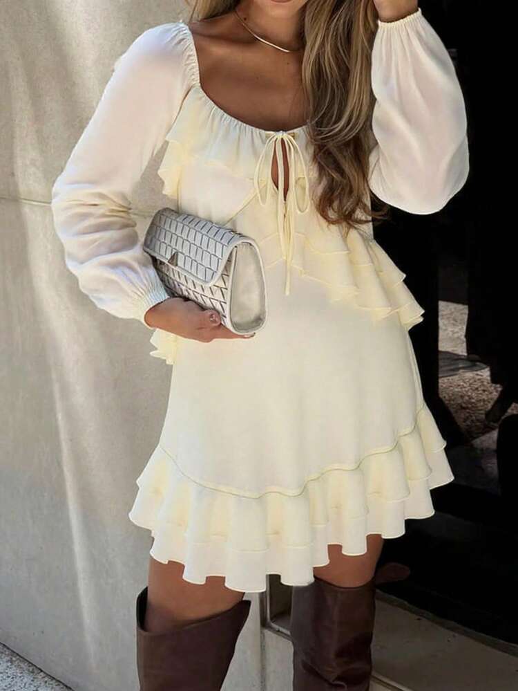 IGKEEL Solid Color Bohemian Style Chiffon Twist Ruffle Hem Long Sleeve Dress, Autumn/Winter - Apricot - View 5