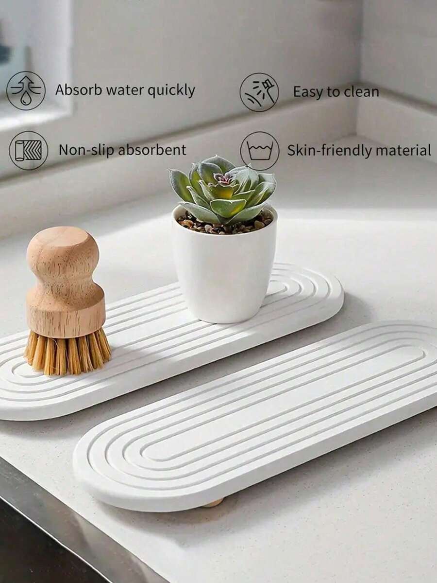 硅藻土水槽收纳托盘 - 吸水石厨房和浴室台面支架，条纹设计，30.48x10.16 厘米，速干牙刷架垫