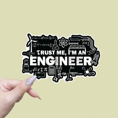"Trust Me, I'm An Engineer" Waterproof Vinyl Sticker - Reusable PET Badge With Symbols (Gears, Equations, Rocket) For Laptops, Trucks, Walls - Funny STEM Gift For Male & Female Engineers