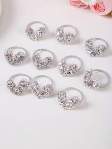 10pcs Shiny Sequin Heart Silver Metallic Minimalist Small Elastic Hair Ties, Cute Princess Style, Gentle On Hair, Versatile For Daily Use - Silver - View 5