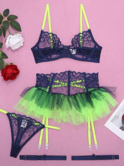 Women's Sexy Embroidered Lingerie Party Costume Mesh Sheer Garter Bra 3 Pieces Set