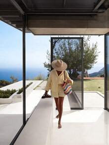 Women's Bohemian Style Elegant Printed 2-Piece Set, Long Sleeve Button-Up Shirt Top And Ruffle Hem Shorts, Non-Stretch Fabric - Yellow - View 6