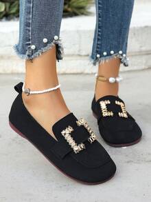 Women's Round Toe Flat Loafers, 2025 New Soft Bottom Slip-On Shoes With Rhinestones, Square Buckle Flat Canvas Shoes, Moccasins - Black - View 6