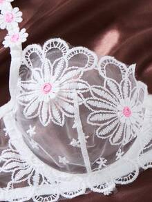 EverydayBra 三件套白色女士刺绣花卉性感内衣套装，半透明腰带，俏皮可爱超短款上衣和内裤，舒适居家风文胸和内裤 - 白色 - 查看 5