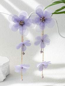 1 Pair Fabric Elegant Purple Flower Long Earrings, Suitable For Daily Wear (Bead Color Random) - Mauve Purple - View 3