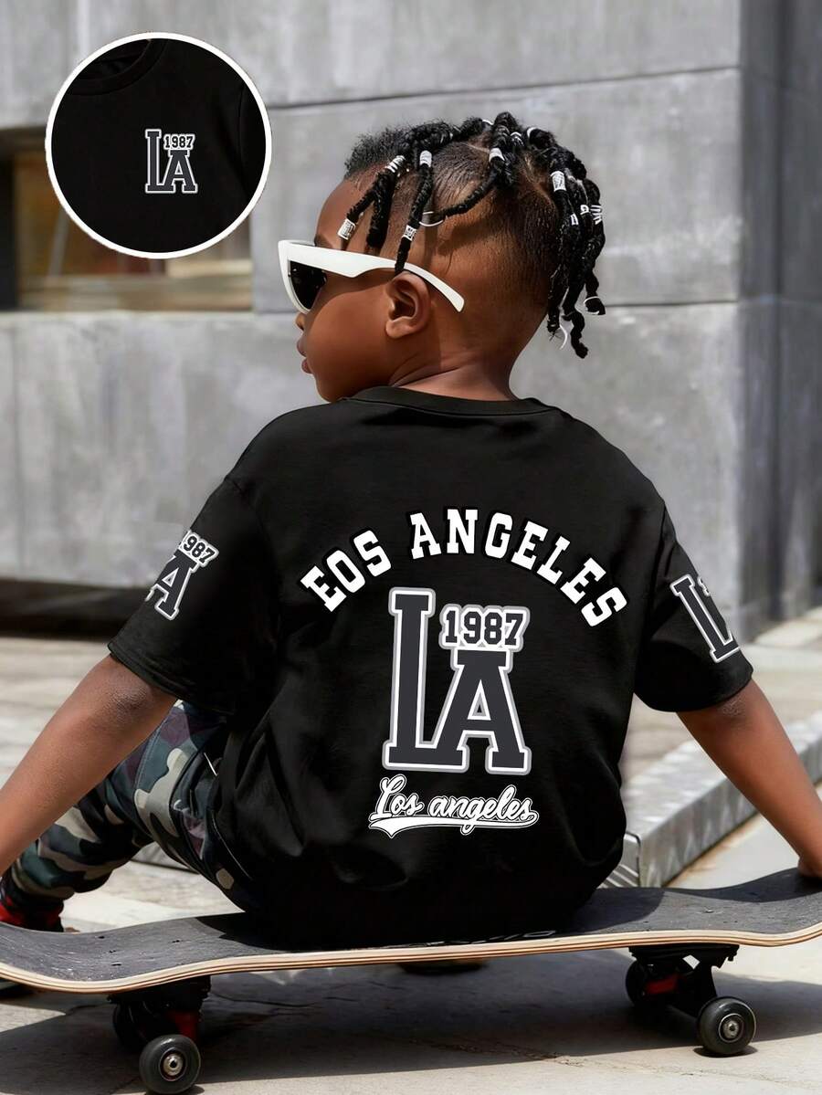 Young Boy Letter Graphic Print Short Sleeve Casual T-Shirt - Black - View 1