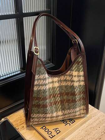 Korean Fashion Office/Commute Tote Bag, Autumn/Winter New Colorblock Plaid One Shoulder Bag, Woolen Large Capacity Women Underarm Bag