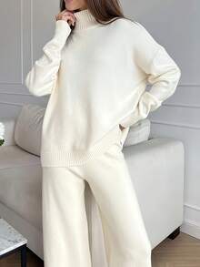 Women's 2-Piece Winter Sportswear - Oversized High Neck Sweater And Wide Leg Pants, Soft Beige Solid Color, Comfortable And Casual To Formal Attire, Simple And Elegant Design, Easy To Care For (Hand Wash/Dry Clean) - Multifunctional Daily And Formal Wear, White Split Detail Sweater Paired With Matching Pants, Loose And Suitable For Layering, Fashionable And Comfortable Two-Piece Set For Autumn And Winter Seasons - 白色 - 查看 3