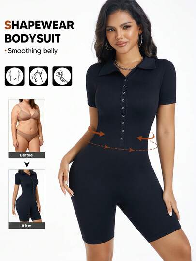 Women's Ribbed Knit Shaping Jumpsuit Short Sleeve, Tummy Control, Snap Button Closure Bodysuit Short