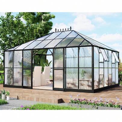 Outdoor Aluminum Greenhouse With Polycarbonate Panels And 6 FT Wall Height, Walk-In Design With Double Doors, 2 Ventilation Windows, And Rain Gutter System For Backyard Gardening