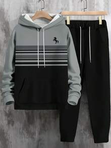 Men's Business Casual Drawstring Hooded Sweatshirt And Pants Set - Grey - View 2