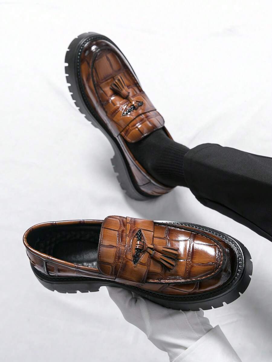 Mocassins Casuais Masculinos, Estilo Retrô Xadrez com Decoração de Borla, Adequado para Casamento, Uso no Escritório