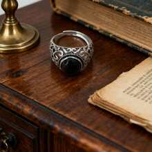 1pc Vintage 925 Sterling Silver Faux Black Agate Textured Ring, Suitable For Vacation, Daily Wear, Party, Wedding - Silver - View 7