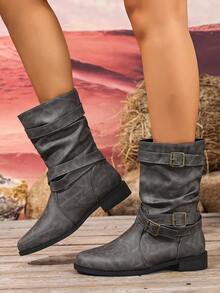 2025 Autumn/Winter New Women's Pointed Toe Flat Vintage British Style Mid-Calf Boots With Double Buckle Soft Leather Casual Riding Boots - Grey - View 3