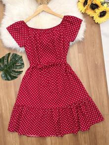 Floral Polka Dot Print With Belt And Ruffled Hem. Beachwear, Women's Fashion. - 紅色 - 查看 4