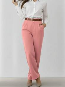 Pantalones Rectos para Moda Casual y Elegante, con Cinturón - Rosa - Ver 3