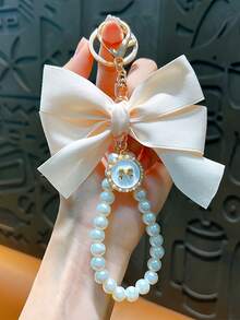 1pc Elegant Large Satin Bow Keychain, Beaded Pearl Bracelet Pendant, 6 Color Options, Creative Charm Bag Accessory, Key Chain For Women, Gifts For Girlfriend, Mom, Teacher, Couples, Christmas, Thanksgiving, Party