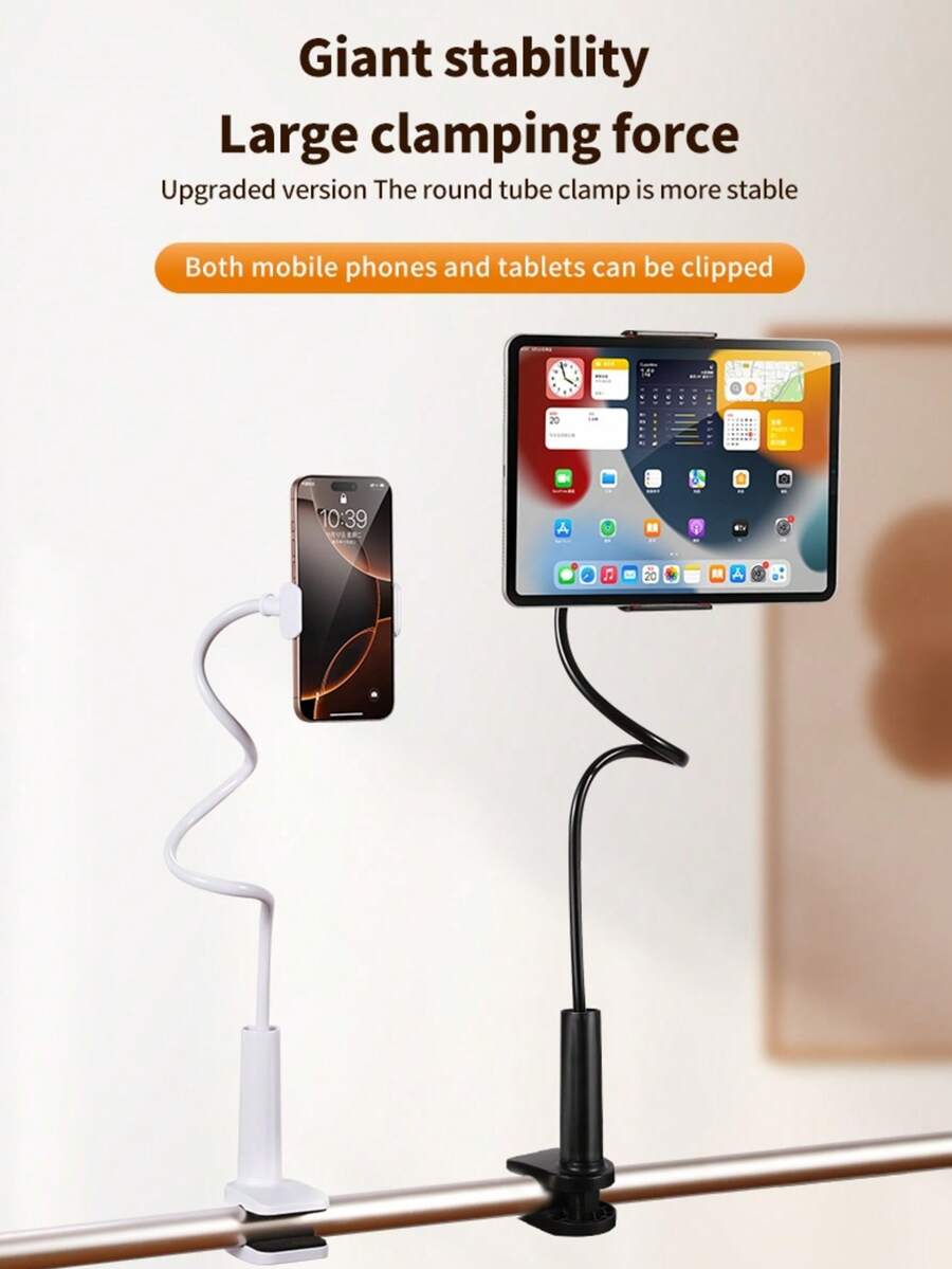 1pc 360° Rotating Universal Adjustable Gooseneck Slouchy Smartphone Holder, Head-Mounted Phone Stand, Dual Clip Bracket, Compatible With 4-7 Inch Phones, Reserved Charging Port, Suitable For Living Room, Bedroom, Kitchen, Bathroom And Other Various Scenes, Best Choice For Gift