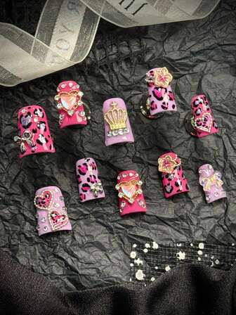 10 Handmade Nails, European And American Y2K Style Short Duckbill Nails, French Diamond Inlay, Hand-Painted Love Line Texture, With Star Elements, Love, Bow, Suitable For Parties, Dances, Daily Wear, Men And Women, With A Piece Of Gel And A File, Is A Good Gift Press On Nails Nail Supplies Nails