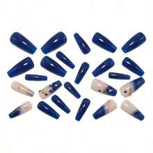 24PCS Press-On Gradient Diamond-Studded Ballet Nails Extension - Chic European-Style Full Cover Reusable Nail Tips, Long False Nails With Sparkle-Enhancing Shiny Rhinestones, Beginner-Friendly Fashion Nail Art For Girls' Night, Casual Trips & Everyday Wear, Easy Application Glitter Decor Manicure Accessories For Women - Xanh đậm - Xem 8