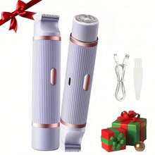 2 In 1 Women's Electric Shaver Dual Head Bikini Trimmer, Painless Electric Razors For Silk Skin,Electric Razors For Women,Dual Use Body Hair Trimmer And Facial Hair Remover For Bikini Underarms Legs Arms Body Face, USB Charge - 紫羅蘭色 - 查看 2