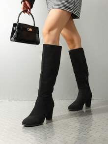 Women's Chunky Heel Knee High Round Toe Fashionable Boots For Winter - 黑色 - 查看 4