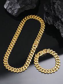 2pcs CVNANA Gold-Plated Men's Cuban Link Necklace & Bracelet Set, Punk Style Unisex Hip Hop Luxury Neck Chain Jewelry Set, Elegant Christmas Gift, Fashion Necklace, Perfect For Birthday, Valentine's Day, Father's Day