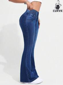 Plus Size Women's Single-Breasted Slim Fit Stretch Denim Flare Pants - Dark Wash - View 5