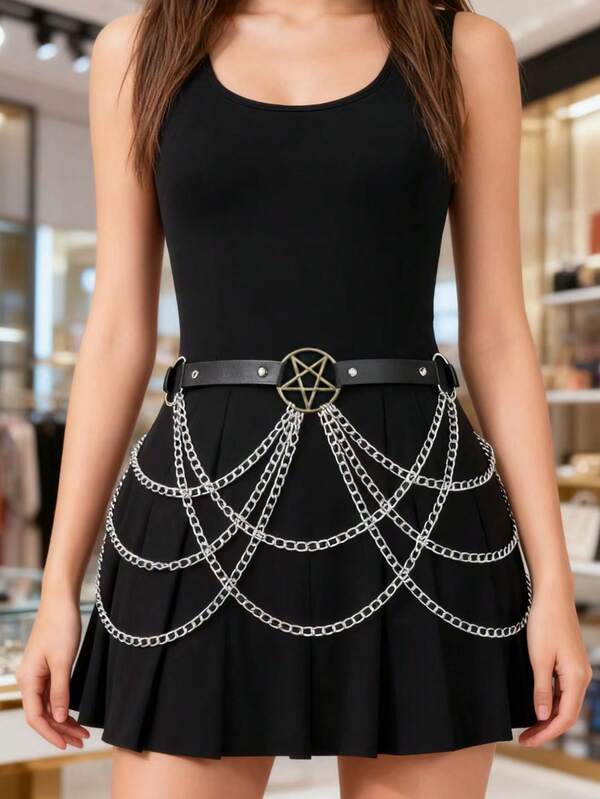 Adjustable Gothic Style Dark Color Sexy Criss-Cross Chain Waist Belt For Women, Suitable For Holidays, Performances, Parties, Bars, Nightclubs, And Daily Wear