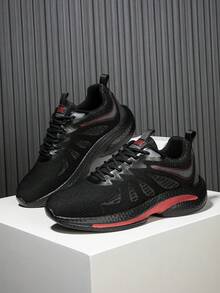 2026 New Men's Shoes: Black And Red Color - Block Mesh Sneakers, Breathable And Comfortable Men's Casual Shoes, Street - Style Versatile Outdoor Walking Shoes - 黑色 - 查看 5