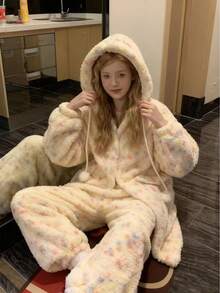 Coral Fleece Hooded Robe Pajama Set For Women, Warm & Cozy For Autumn/Winter - Multicolor - View 6