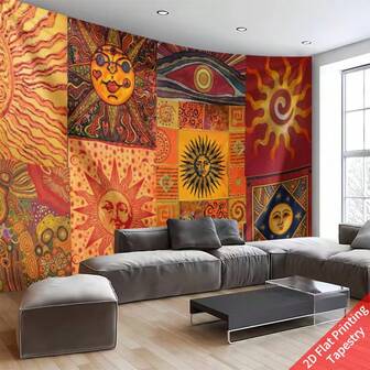 1 st. Gobeläng i bohemisk stil med solkonst | Abstrakt ansiktsbroderi, sovrumsdekoration, gobeläng. Väggbonad med retrobakgrund. Digitalt tryckt 2D-rynkbeständig vägggobeläng (flera storlekar tillgängliga)