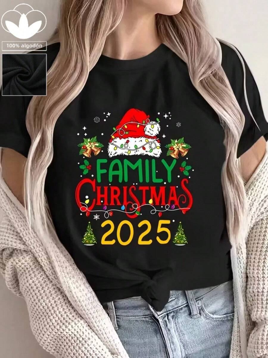 Camiseta informal de mujer, 100% algodón, con estampado navideño, cómoda camiseta de manga corta y cuello redondo, ideal para primavera y verano, apta para cualquier ocasión, color liso, estilo informal, para uso diario. - Negro - Ver 1