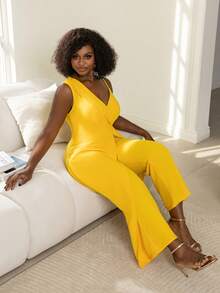 Plus Size Deep V-Neck Jumpsuit, Wide Leg Cut, Suitable For Casual Gatherings, Street Style And Daily Wear - Yellow - View 9